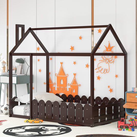Kids Playhouse & Fence Wood Twin Size Beds