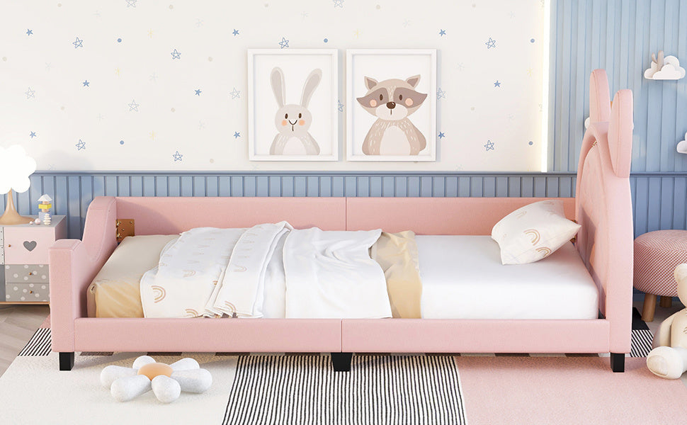Girl's Pink Upholstered Twin Daybed with Animal Ear Headboard