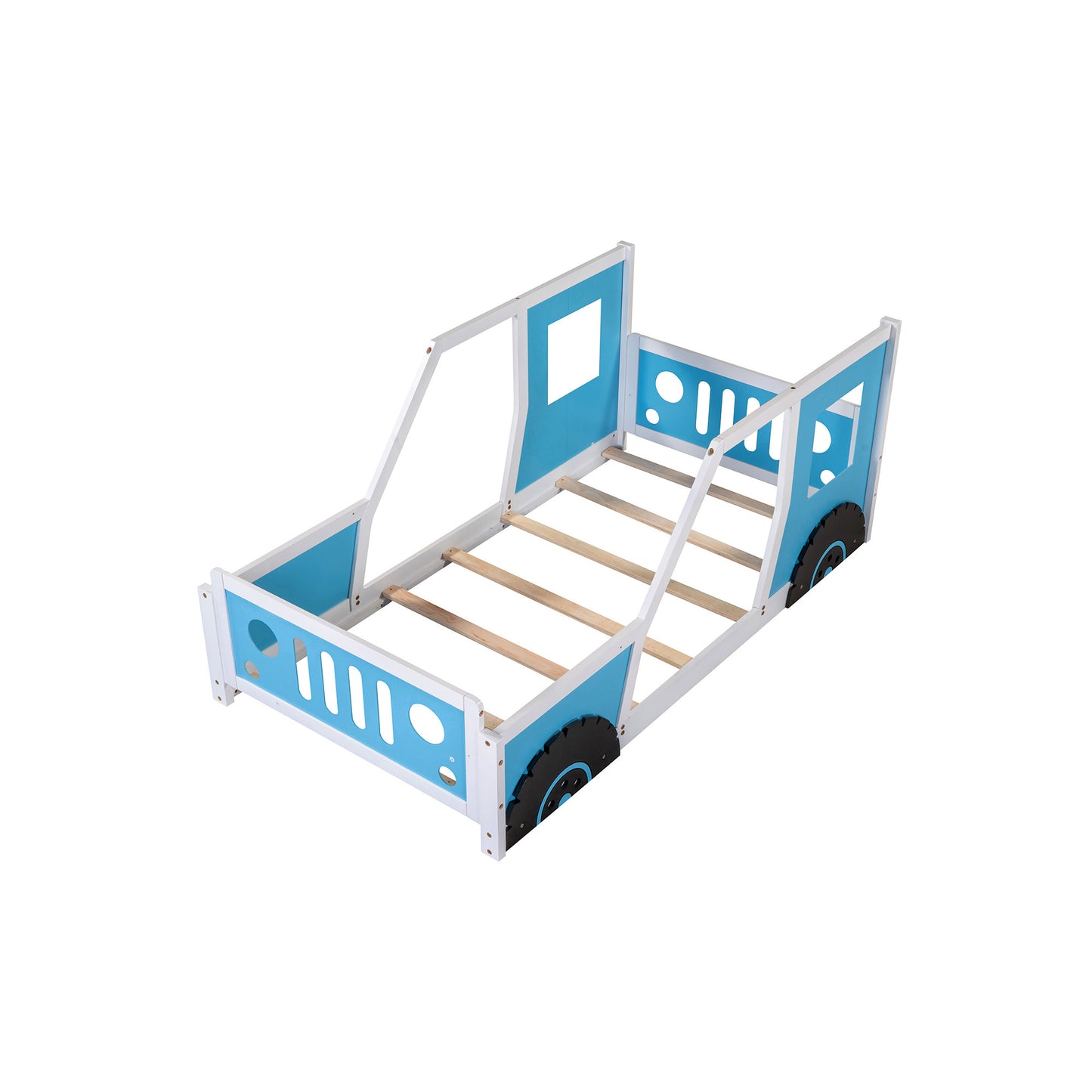 Twin Size Classic Car-Shaped Platform Bed with Wheels; Blue or White