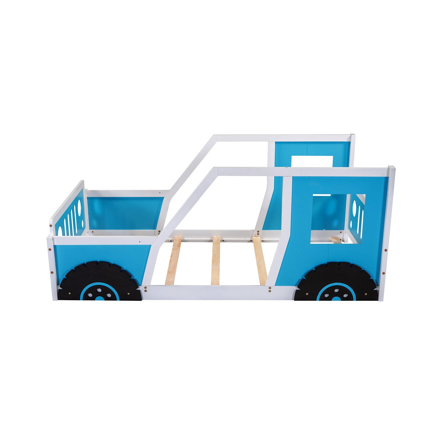 Twin Size Classic Car-Shaped Platform Bed with Wheels; Blue or White