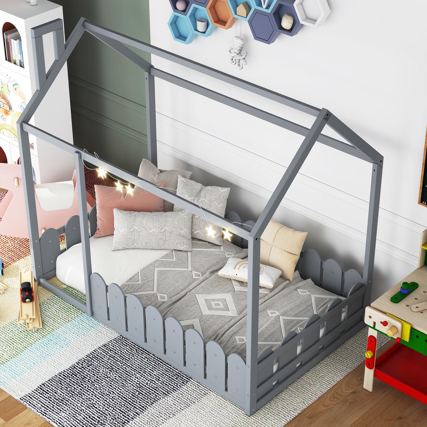 Kids Wood Playhouse & Fence Style Twin Size Bed