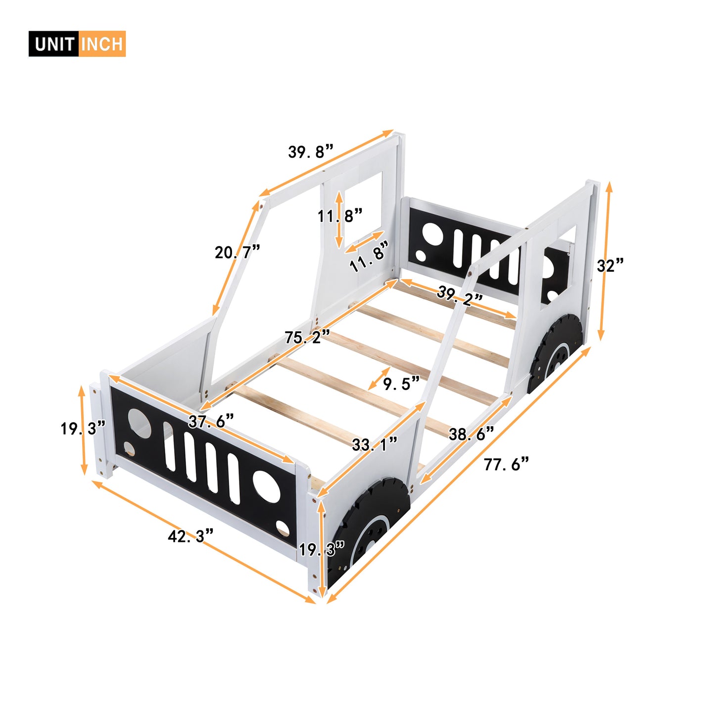 Twin Size Classic Car-Shaped Platform Bed with Wheels; Blue or White