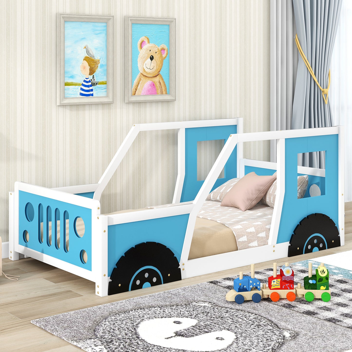 Twin Size Classic Car-Shaped Platform Bed with Wheels; Blue or White