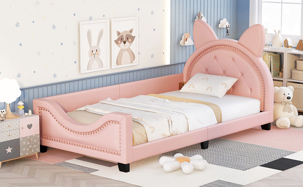 Girl's Pink Upholstered Twin Daybed with Animal Ear Headboard