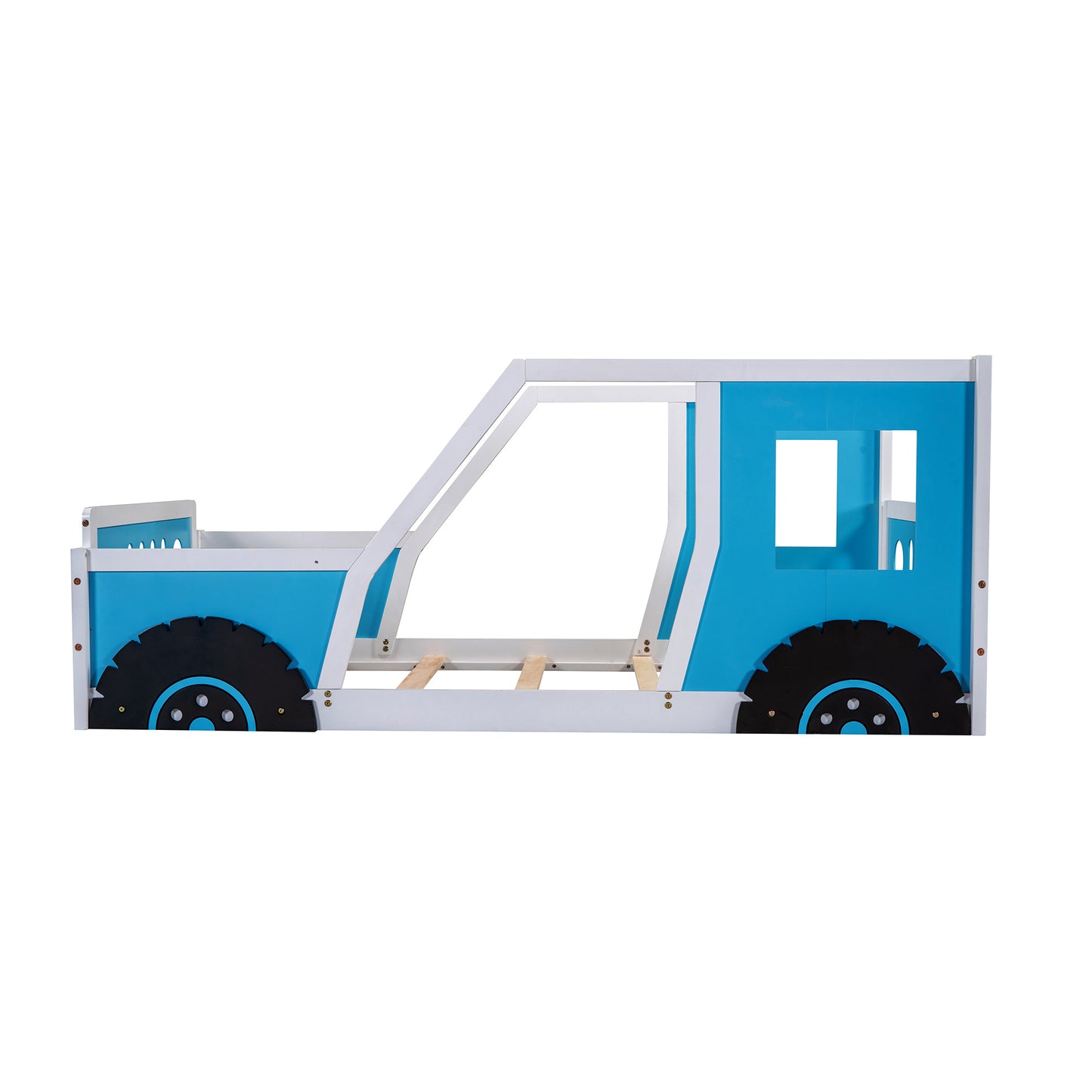 Twin Size Classic Car-Shaped Platform Bed with Wheels; Blue or White