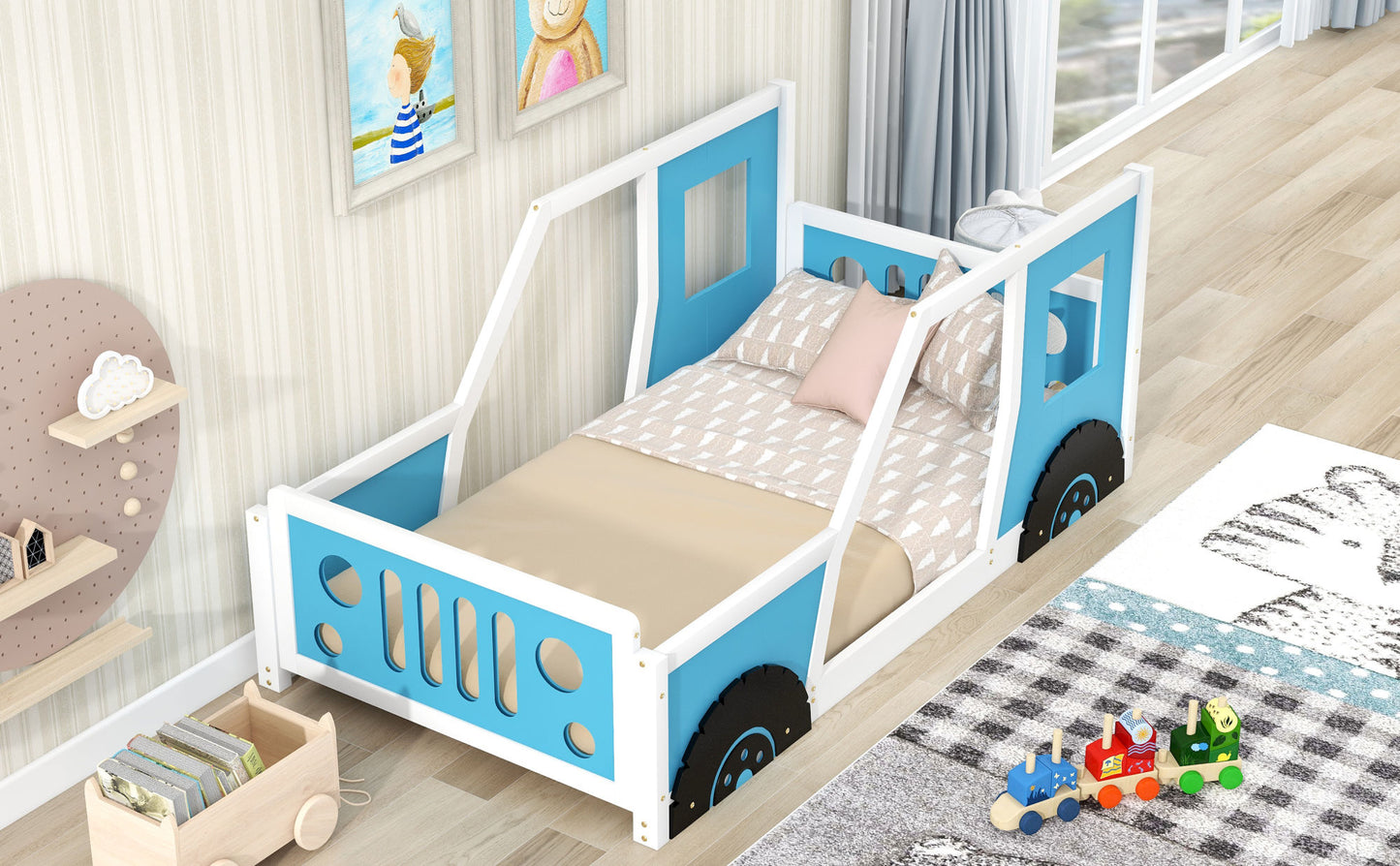 Twin Size Classic Car-Shaped Platform Bed with Wheels; Blue or White