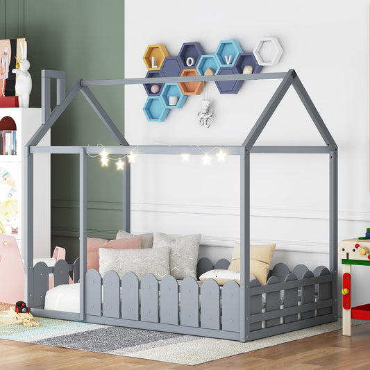 Kids Playhouse & Fence Wood Twin Size Beds