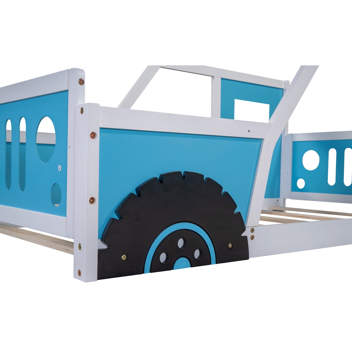 Twin Size Classic Car-Shaped Platform Bed with Wheels; Blue or White