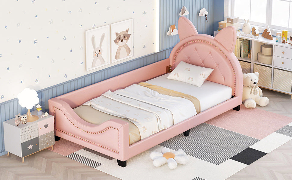 Girl's Pink Upholstered Twin Daybed with Animal Ear Headboard