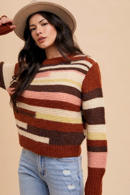 Color Block Round Neck Long Sleeve Sweater