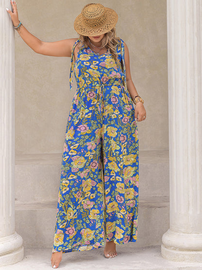 Plus Print V-Neck Wide Leg Jumpsuit