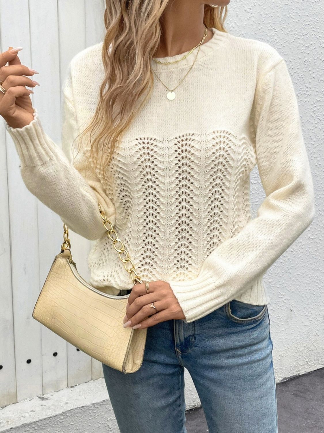 Openwork Round Neck Long Sleeve Sweater