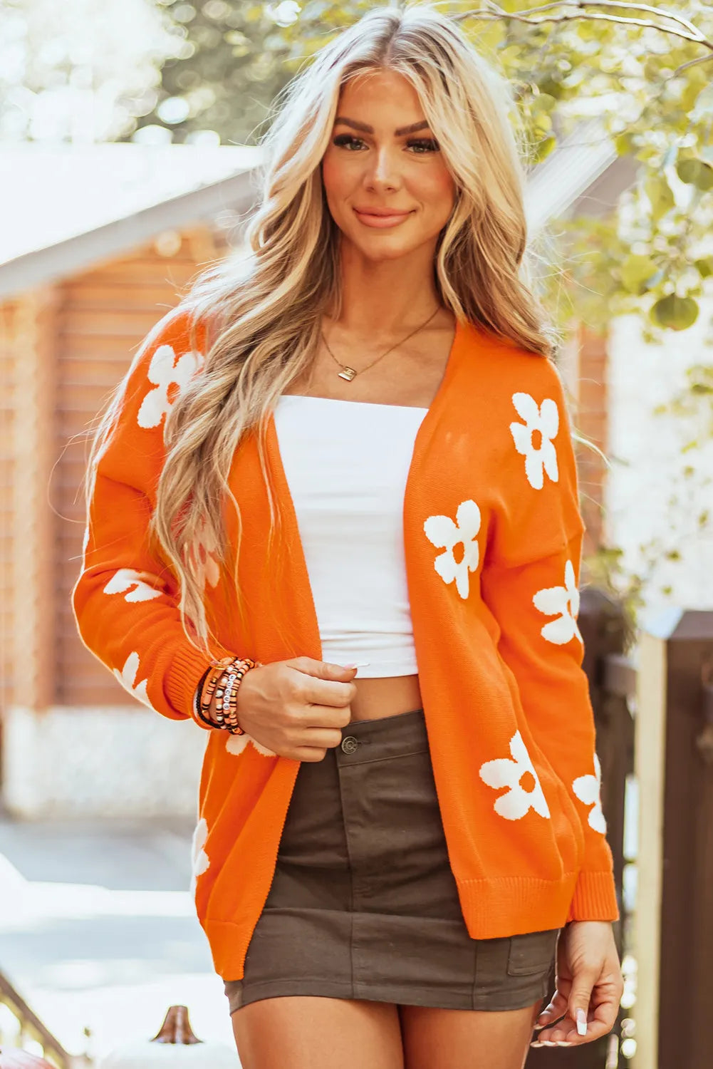 Flower Open Front Long Sleeve Cardigan