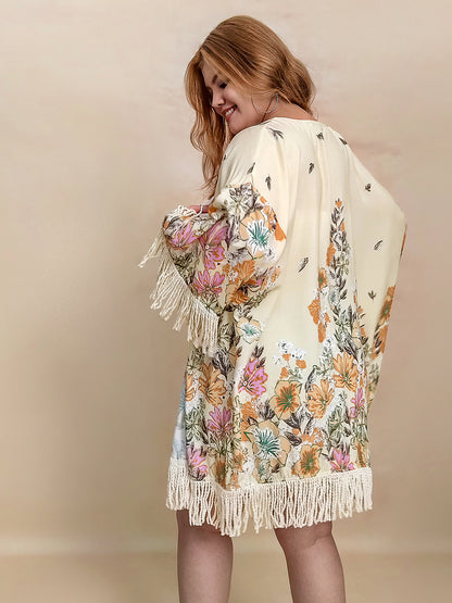 Plus Fringe Printed Open Front Cardigan