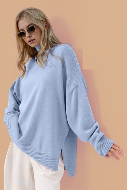 Side Slit Turtleneck Long Sleeve Sweater