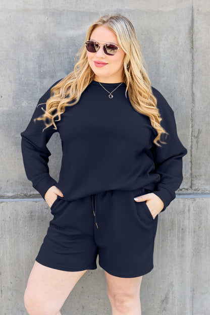 Textured Long Sleeve Top and Drawstring Shorts Set