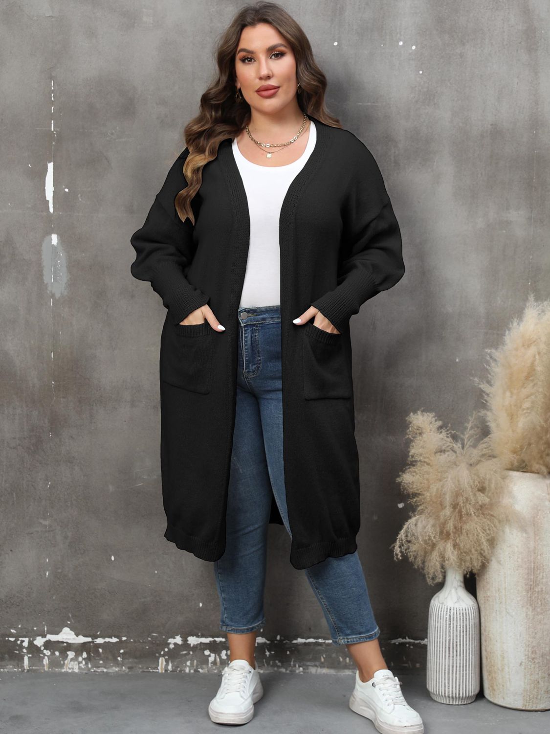 Plus Long Sleeve Pocketed Cardigan