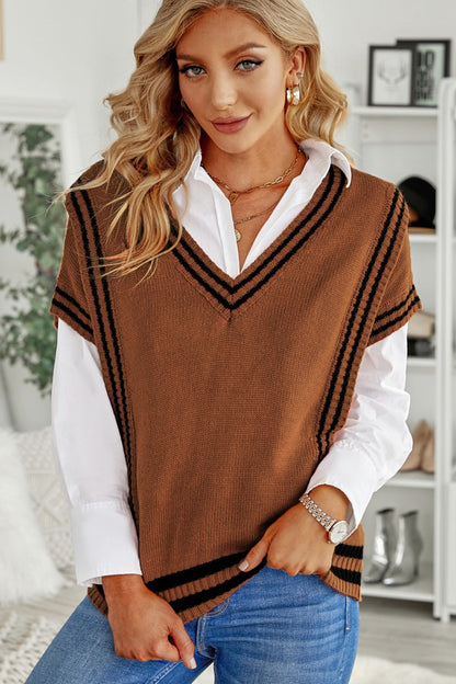 Striped Trim V-Neck Sweater Vest