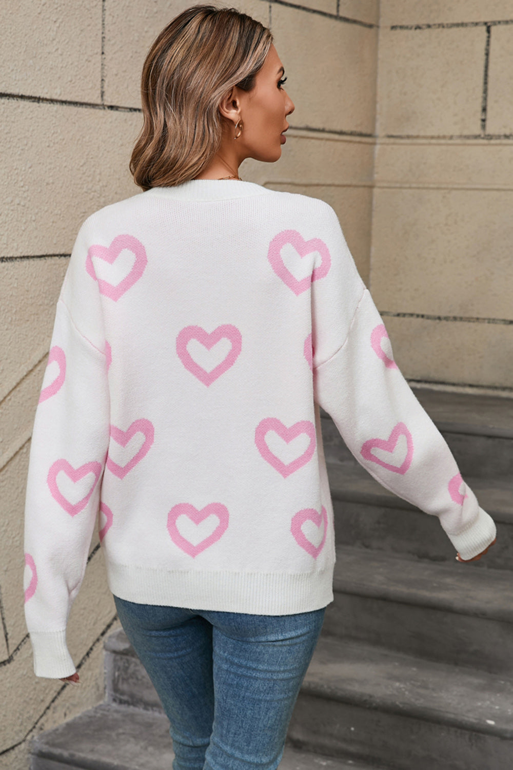 Heart Round Neck Dropped Shoulder Long Sleeve Sweater