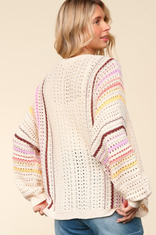 Striped Crochet Open Front Cardigan