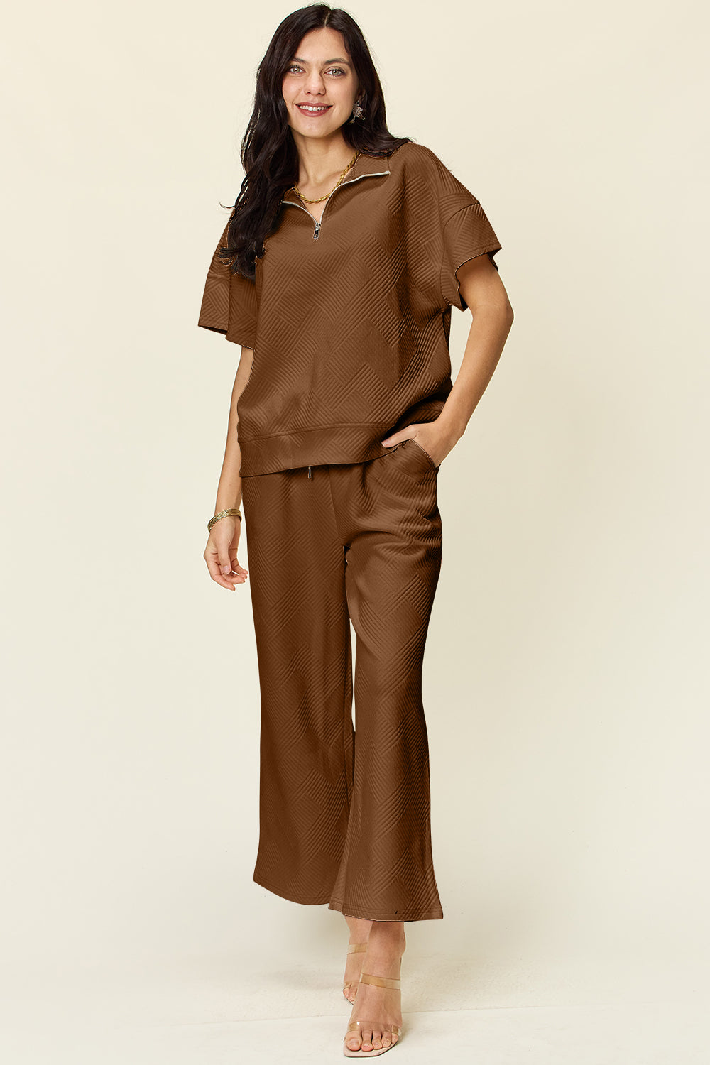 Textured Half Zip Short Sleeve Top and Pants Set
