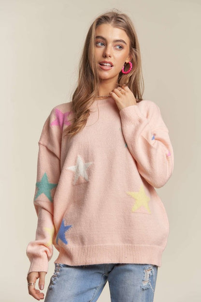 Stars Pattern Round Neck Drop Shoulder Sweater