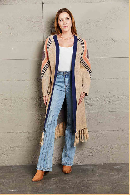 Geometric Fringe Hem Open Front Duster Cardigan