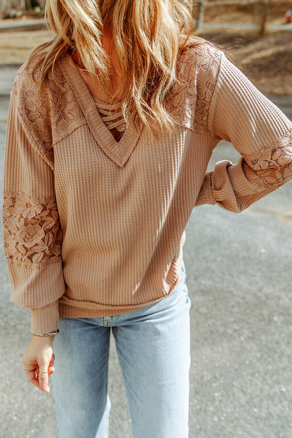 Crisscross V-Neck Waffle-Knit Top