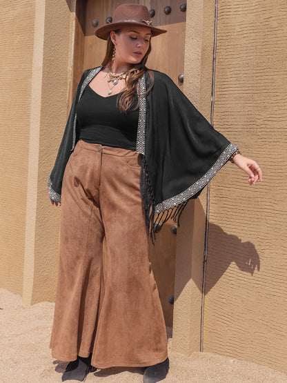 Plus Geometric Open Front Fringe Hem Cardigan
