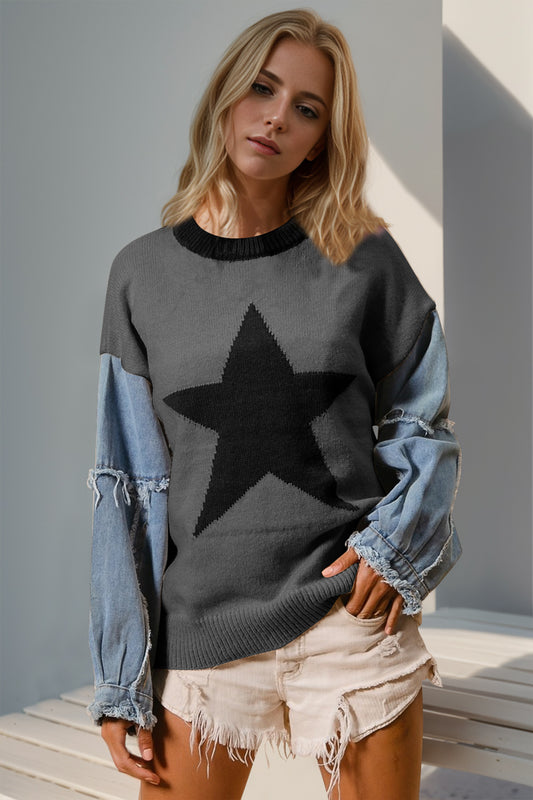 Star  Raw Edge Long Sleeve Sweater