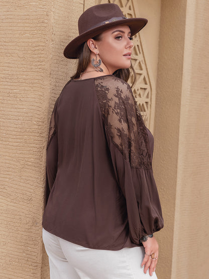 Plus Lace Detail Tie Neck Long Sleeve Blouse