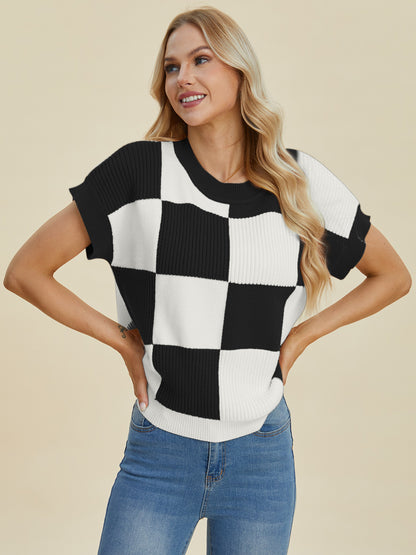 Checkered Round Neck Short Sleeve Sweater