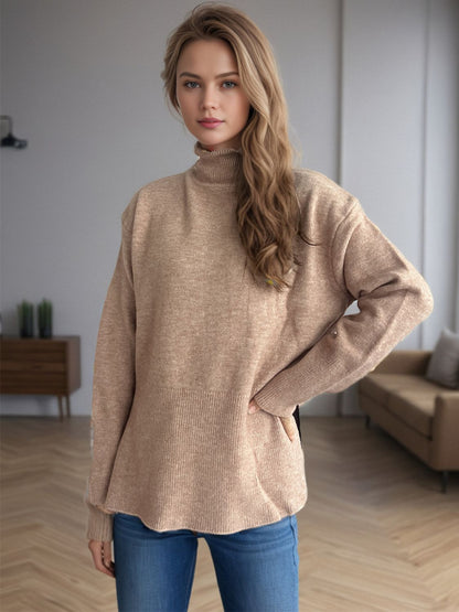 Side Slit Turtleneck Long Sleeve Sweater