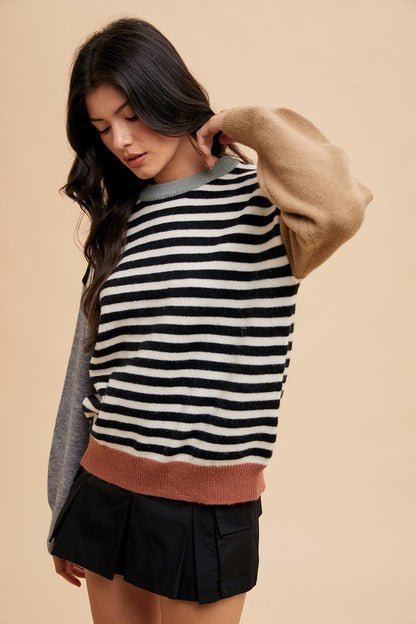 Striped Color Block Round Neck Sweater