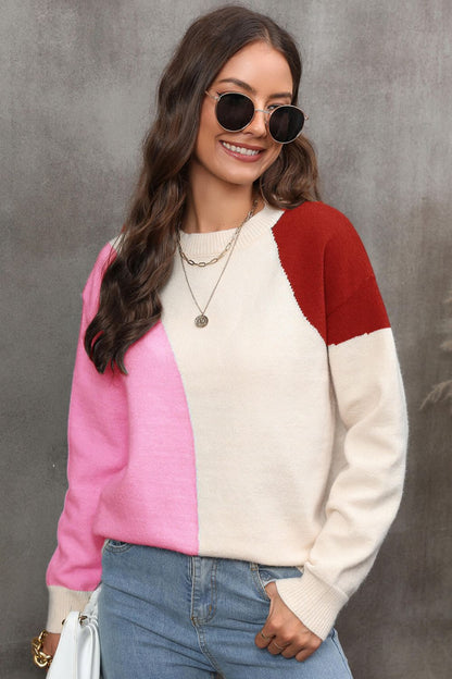 Color Block Ribbed Cuff Drop Shoulder Sweater