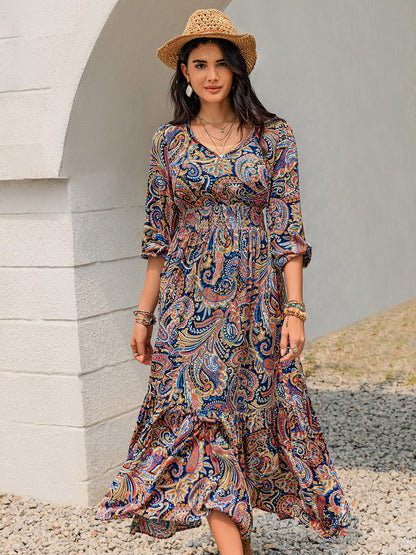 Print Tie Neck Long Sleeve Midi Dress