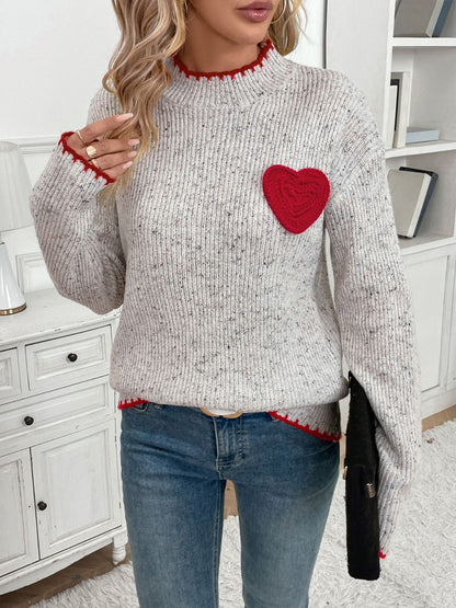 Contrast Heart Round Neck Long Sleeve Sweater