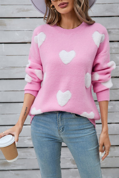 Heart Round Neck Long Sleeve Sweater