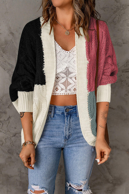 Color Block Cable-Knit Batwing Sleeve Cardigan