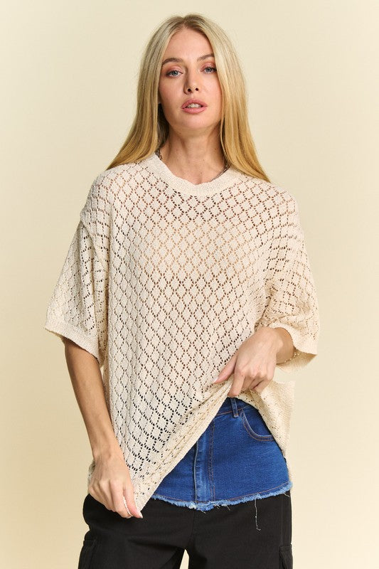 Side Slit Openwork Round Neck Half Sleeve Knit Cover Up