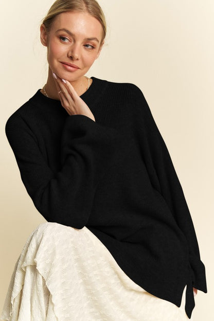 High-Low Round Neck Drop Shoulder Sweater