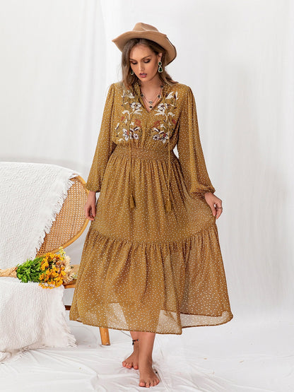 Plus Polka Dot Tie Neck Balloon Sleeve Maxi Dress