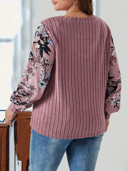 Plus Printed V-Neck Long Sleeve Sweater