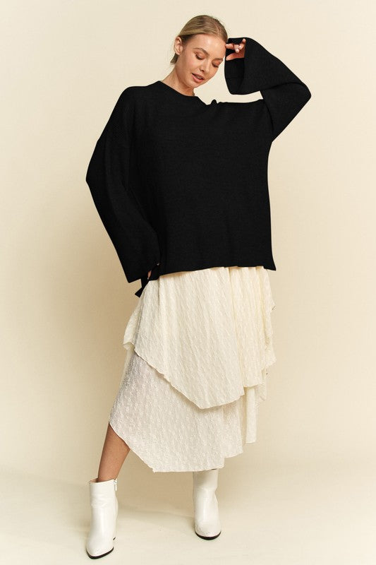 High-Low Round Neck Drop Shoulder Sweater