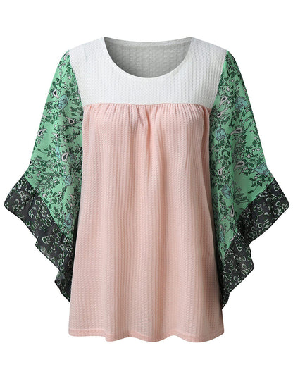 Print Round Neck Three-Quarter Sleeve Blouse