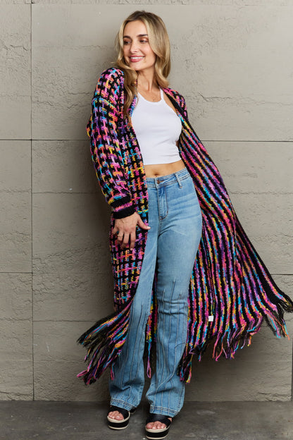 Multicolor Open Front Fringe Hem Cardigan