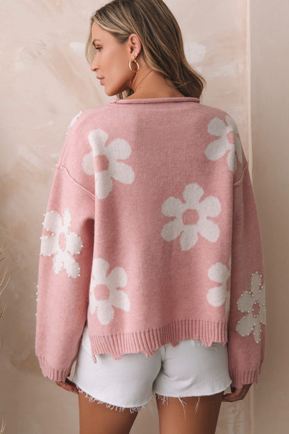 Pearl Trim Flower Round Neck Sweater