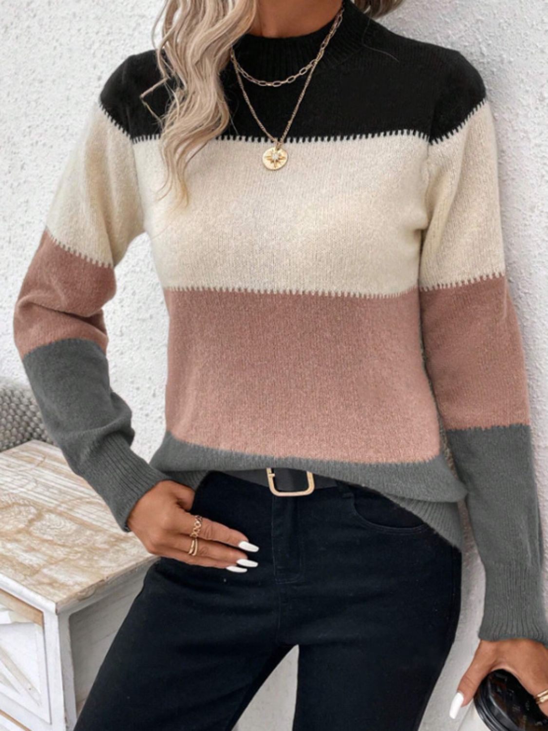 Color Block Mock Neck Long Sleeve Sweater