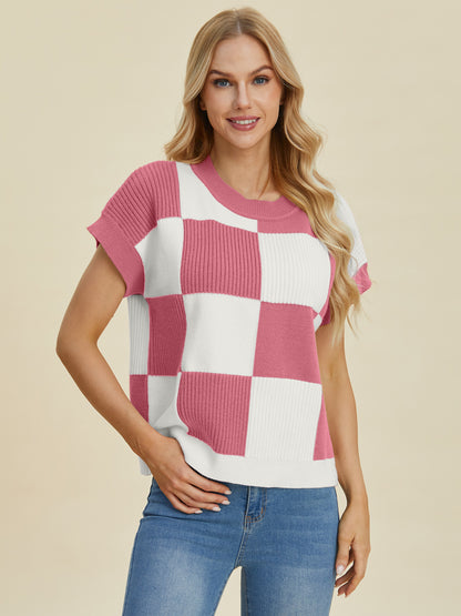 Checkered Round Neck Short Sleeve Sweater