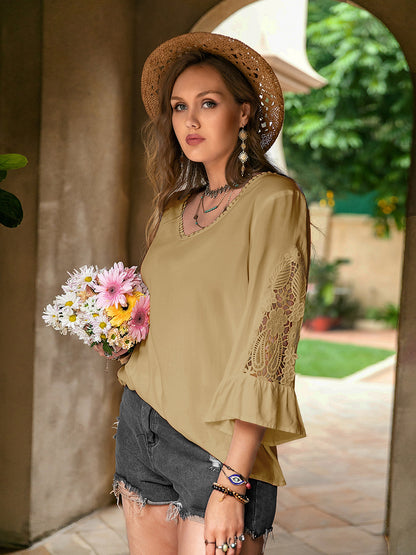 Plus Lace Detail V-Neck Flounce Sleeve Blouse